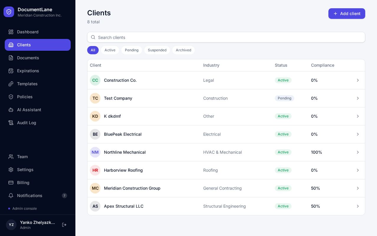 Client list with status and progress