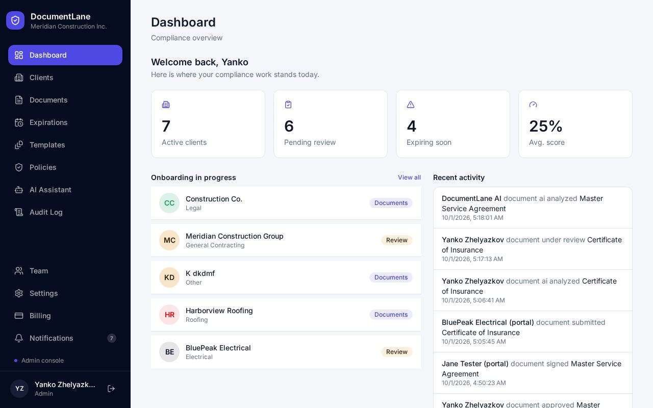 DocumentLane dashboard with client and document summaries
