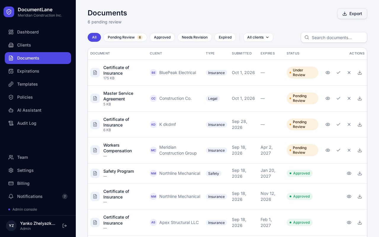 Documents list with filters