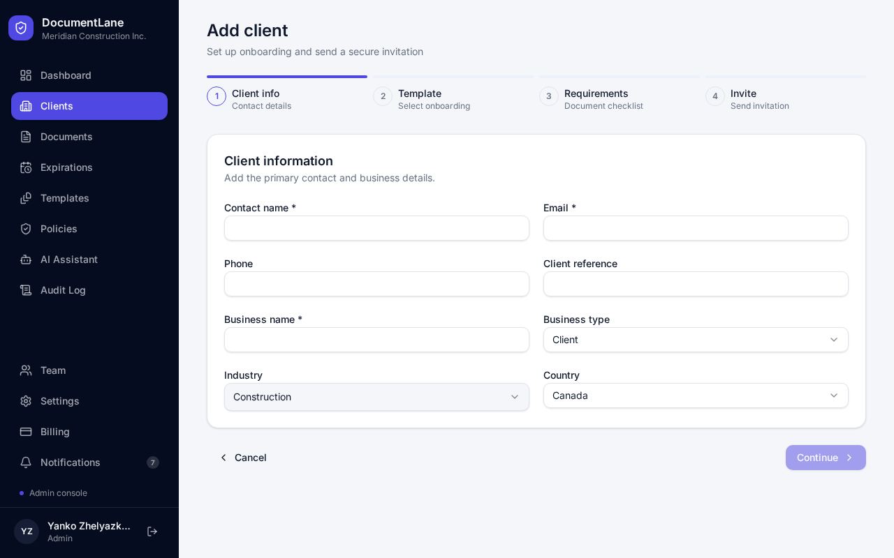 Add client form with template selection