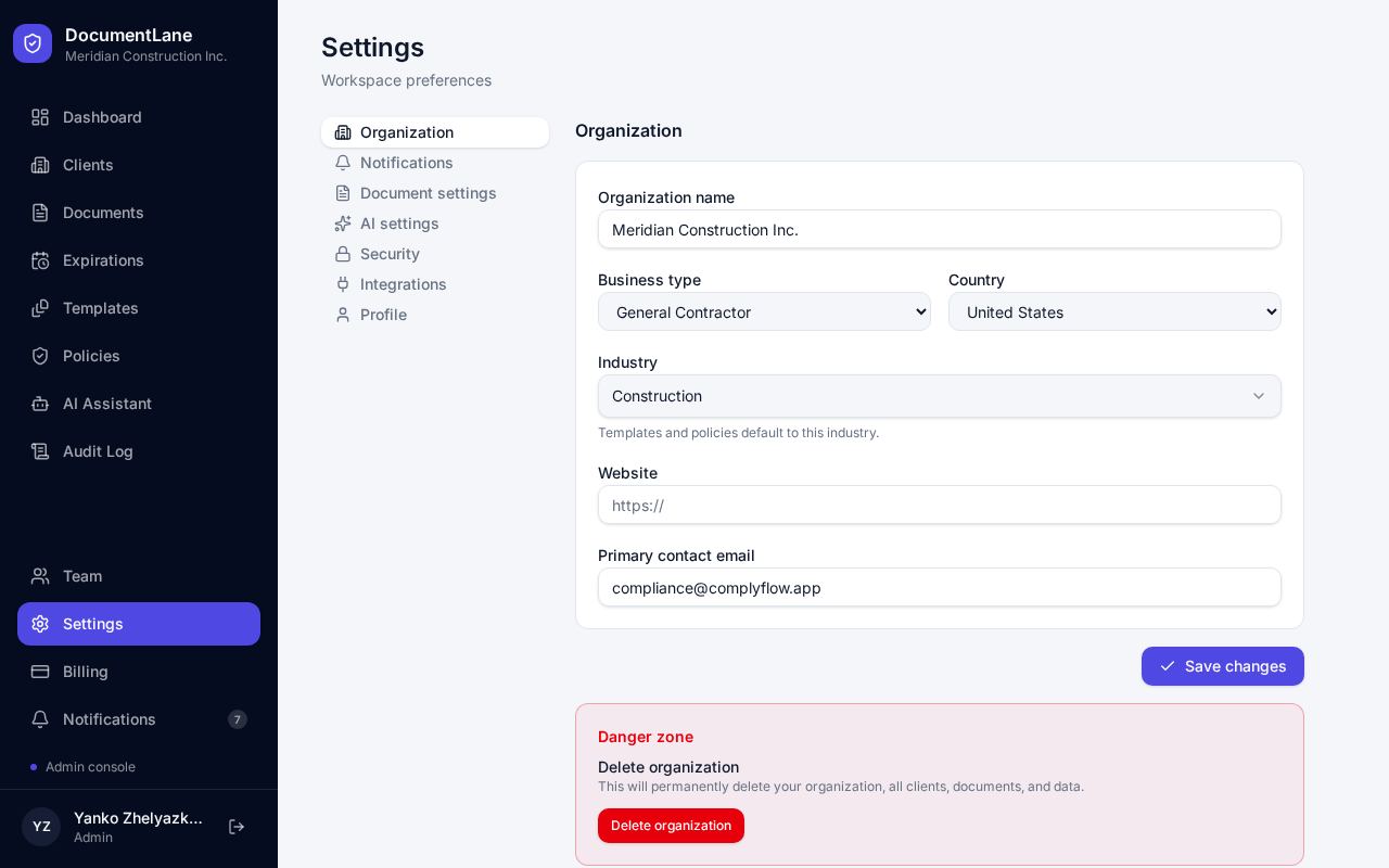Settings page